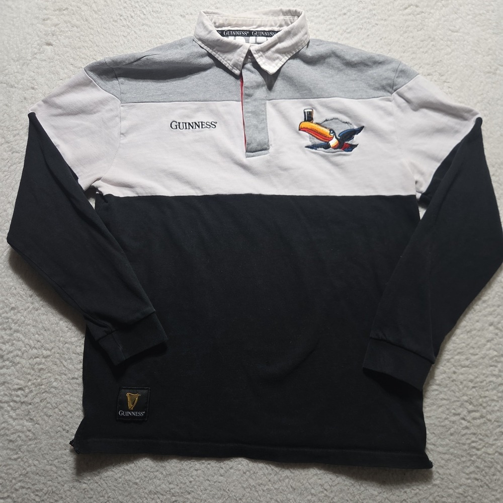 GUINNESS Long Sleeve Rugby Polo Shirt TOUCAN Logo Heavy Colorblock Size Medium